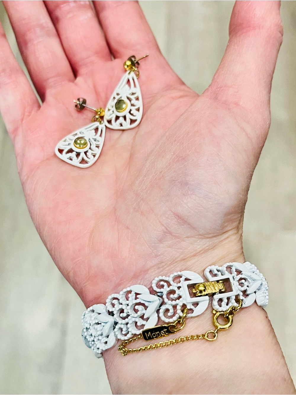 Vintage Monet White Enamel Bracelet w Matching Earrings Set